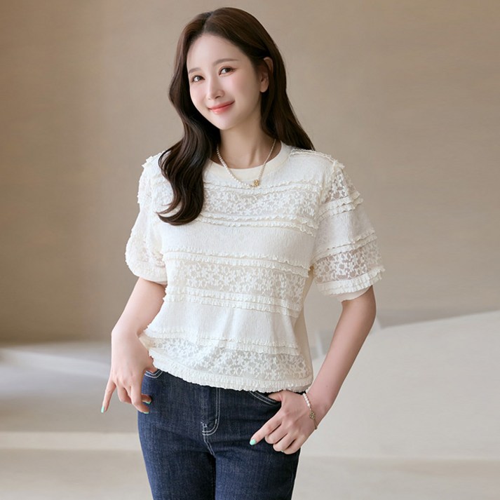 스타일온미 크레비 레이스 레이어드 썸머 블라우스 티셔츠