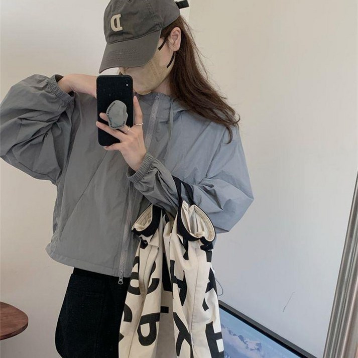 러우 여름 얇은 시원한 크롭 후드 스트링 투웨이 바람막이