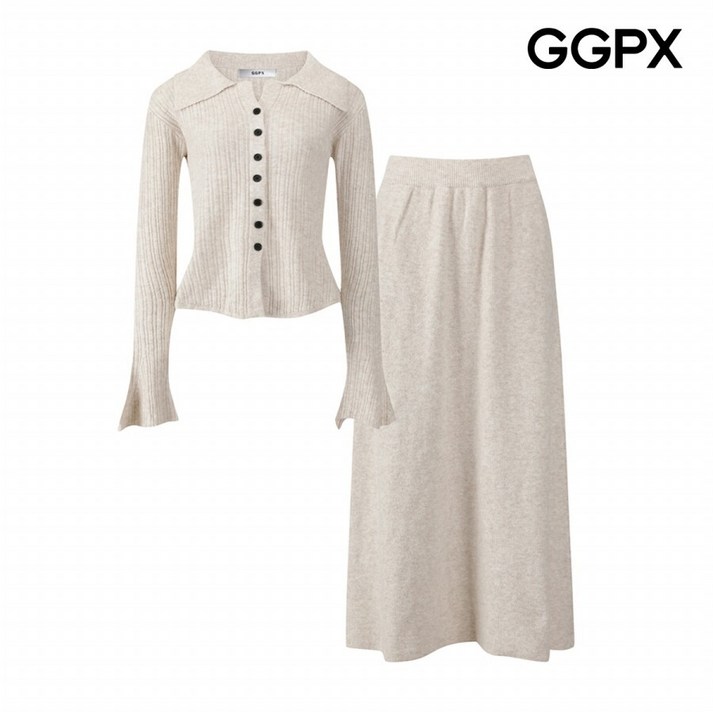 [AK플라자] [GGPX] 블랙 버튼 골지 가디건 앤 스커트 셋업 (GPAST009F)