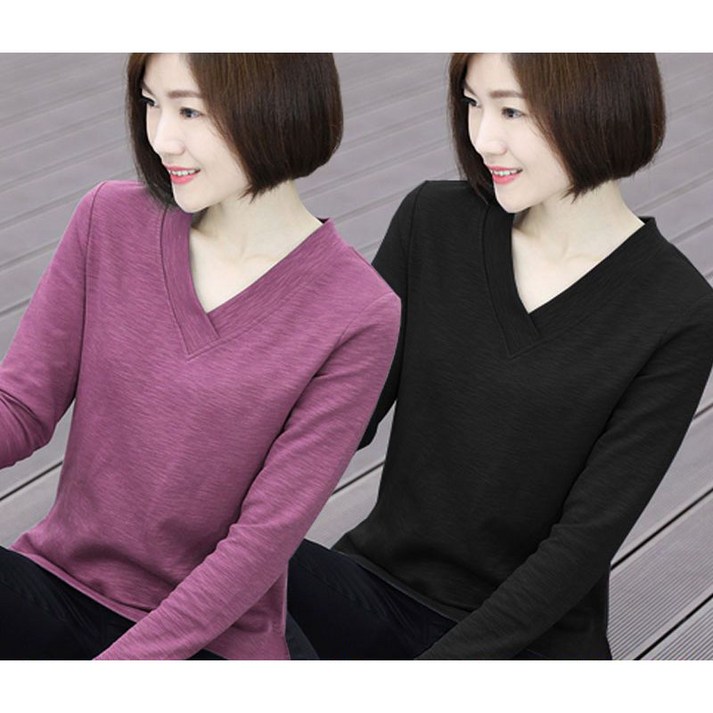 11 중년 여성 긴팔 티셔츠 봄 가을 엄마옷 루즈핏 브이넥 상의 긴팔티 캐주얼 데일리 이너 빅사이즈 LJX