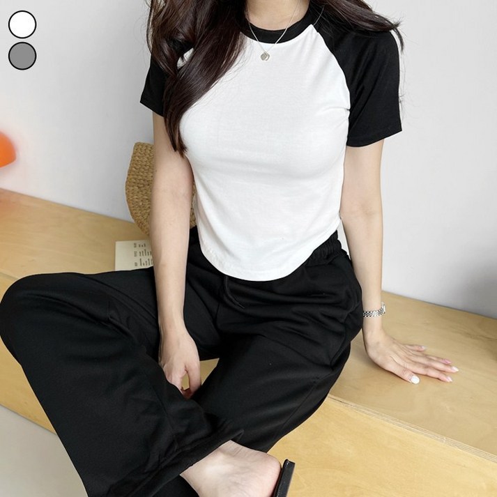 가비진 여성용 시원하고 스판 쫀쫀한 배색 나그랑 크롭 반팔 티셔츠 반소매 래글런 반팔티 여름 기본티