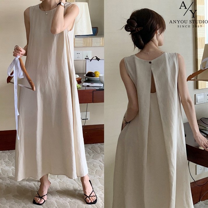 ANYOU 여름 원피스 패션 데일리룩 프렌치 민소매 나시 스커트 캐주얼 여성원피스 루즈핏 롱원피스 빅사이즈원피스 하객룩 바캉스룩