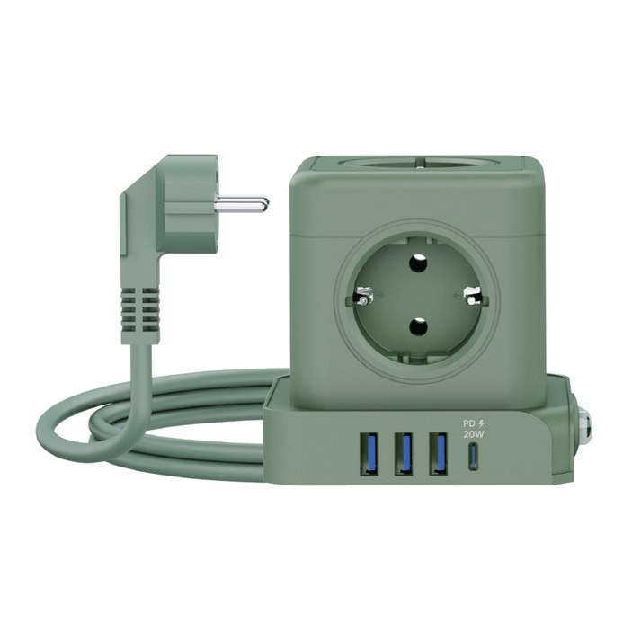 일렉온 큐브 멀티탭 5구 멀티콘센트 USB C PD 고속충전 절전스위치 리드선 ECU513, 1개, 그린, 1.8m