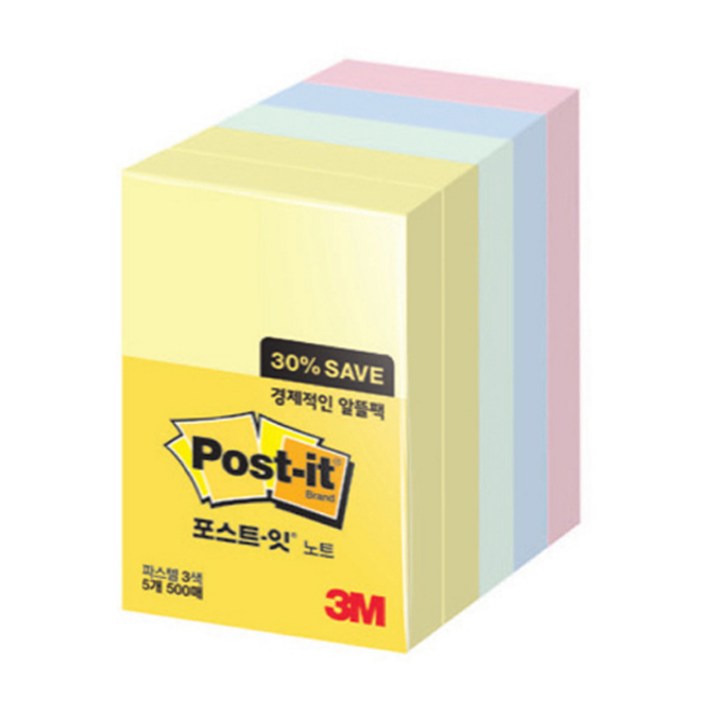 쓰리엠 포스트잇 노트 알뜰팩 6565A, 노랑  애플민트  크림블루  러블리핑크, 1개