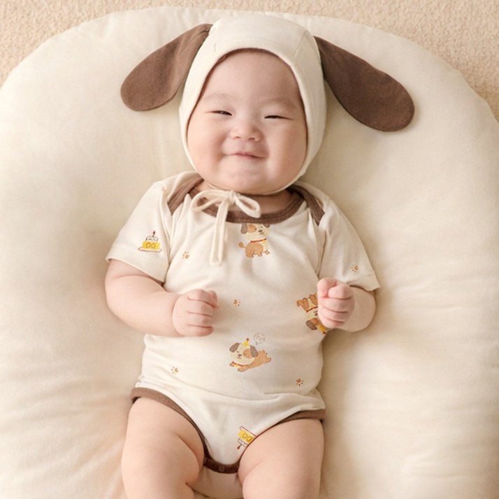 ikii 신생아용 반소매 바디수트 + 모자 세트