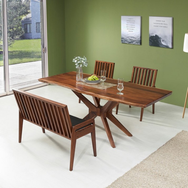헤즈로 레스토X 4인용 우드슬랩 원목식탁세트 1400 식탁 테이블  접이식 벤치 1p  의자 2p 방문설치