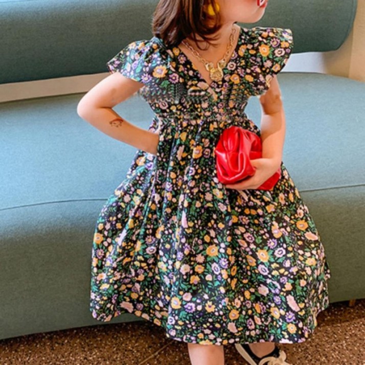 유아 아동 북유럽 꽃무늬 브이넥 원피스
