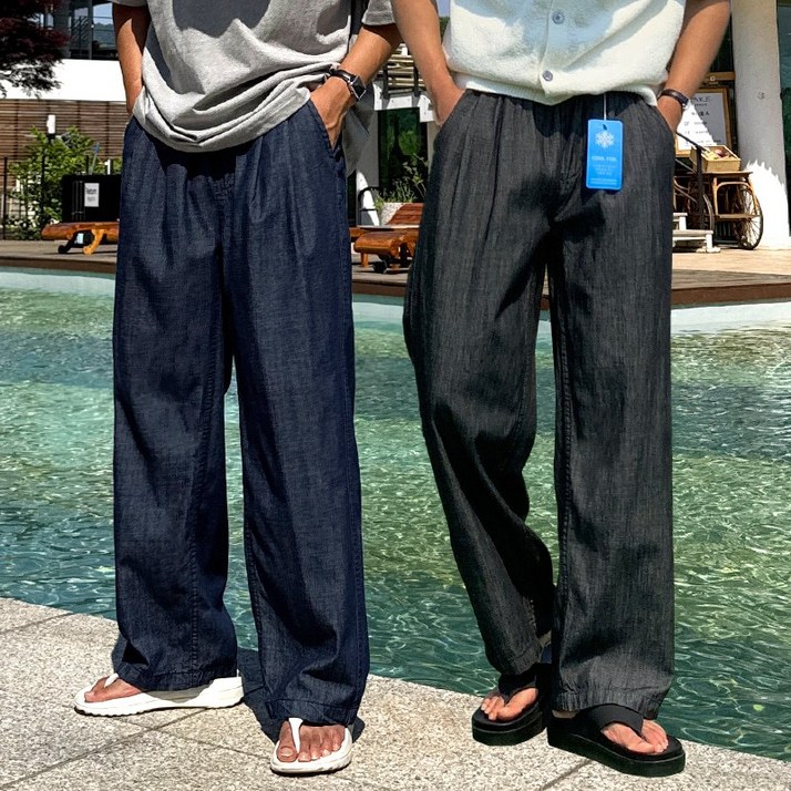 남자 더블 핀턱 아이스 쿨링 와이드 밴딩 여름 청바지 데님 팬츠