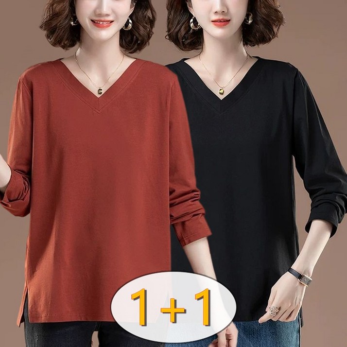 ORZQU 1+1 중년 여성 긴팔 티 루즈핏 엄마옷 상의 무지 블라우스 캐주얼 이너 빅사이즈 브이넥 티셔츠