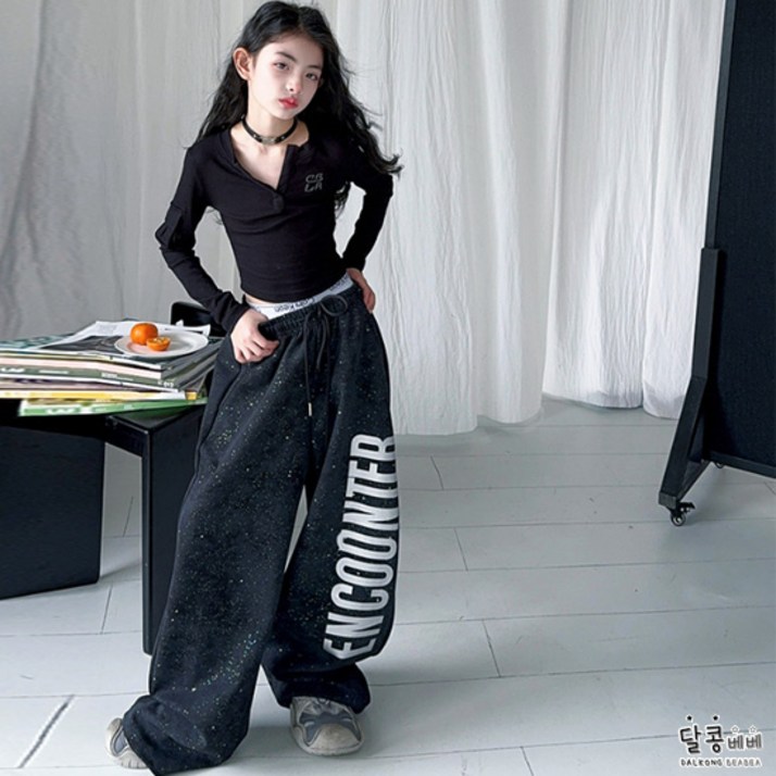 달콩베베 주니어 블랙댄스크롭티+스트릿팬츠 초등학생 K-POP댄스복세트 [A101]