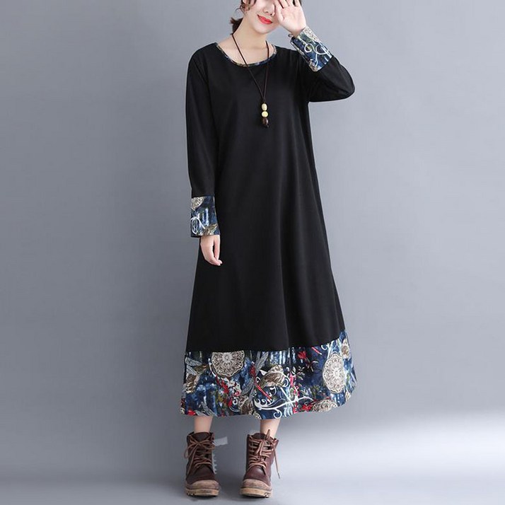 ORZQU 가을 여성 루즈핏 프린팅 니트 긴팔 미디스커트 빅사이즈 면마 원피스