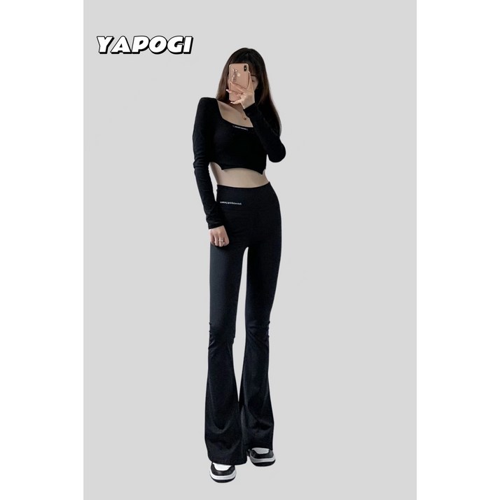 YAPOGI 여성용 여름 롱 부츠컷 밴딩 쿨 팬츠 양용 레깅스 바지 블랙 스키니 트레이닝 팬츠