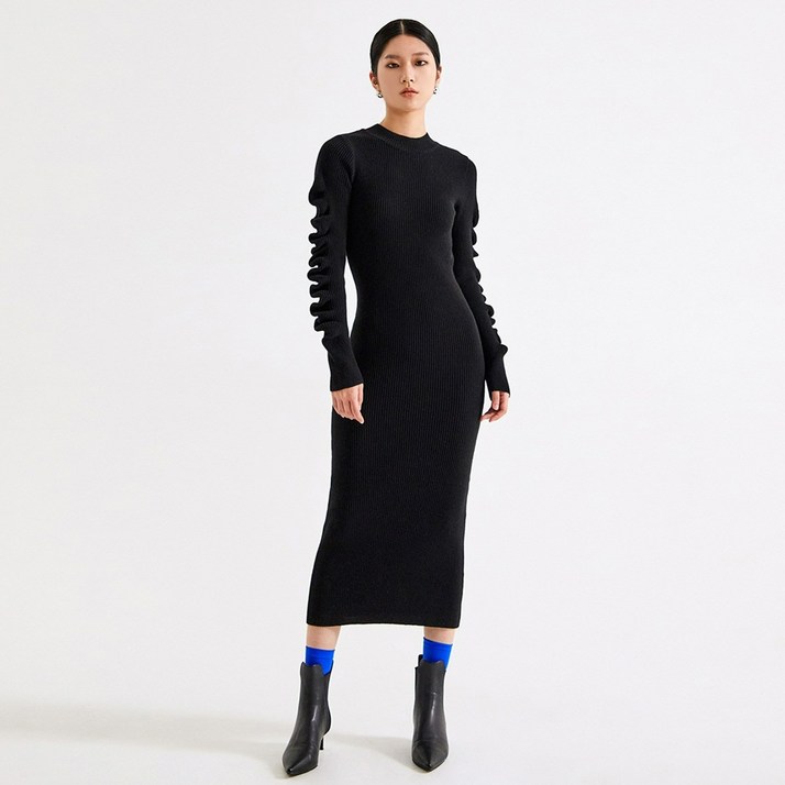 SIGNATURE WAVY SLEEVE LONG DRESS T226DS503BK