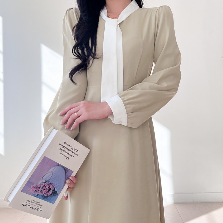 투디 배색 타이 플레어 롱원피스, 3color