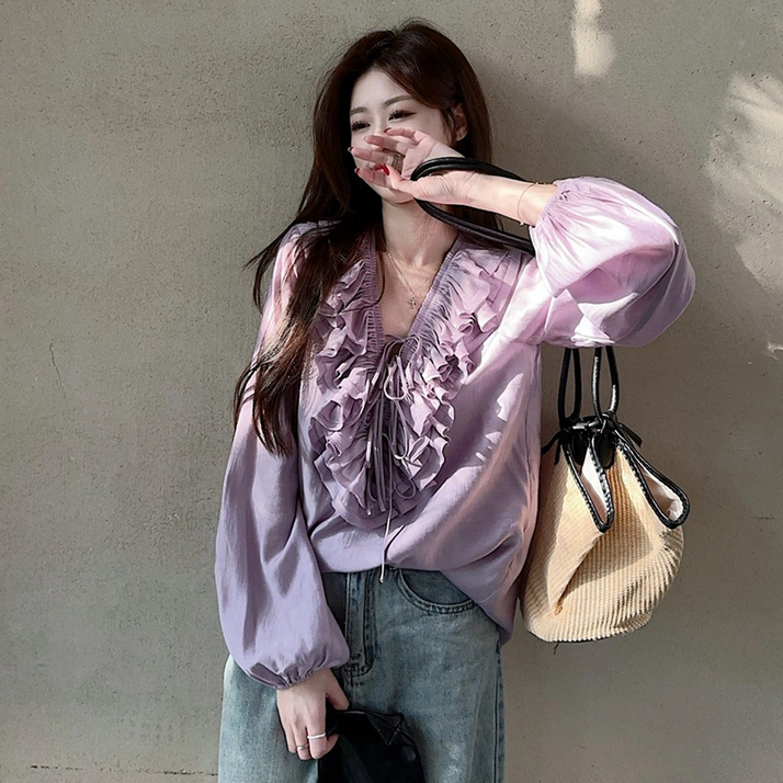여성 여신룩 벗꽃룩 연보라 퍼플 캉캉 프릴 러플 브이넥 리본 퍼프 블라우스
