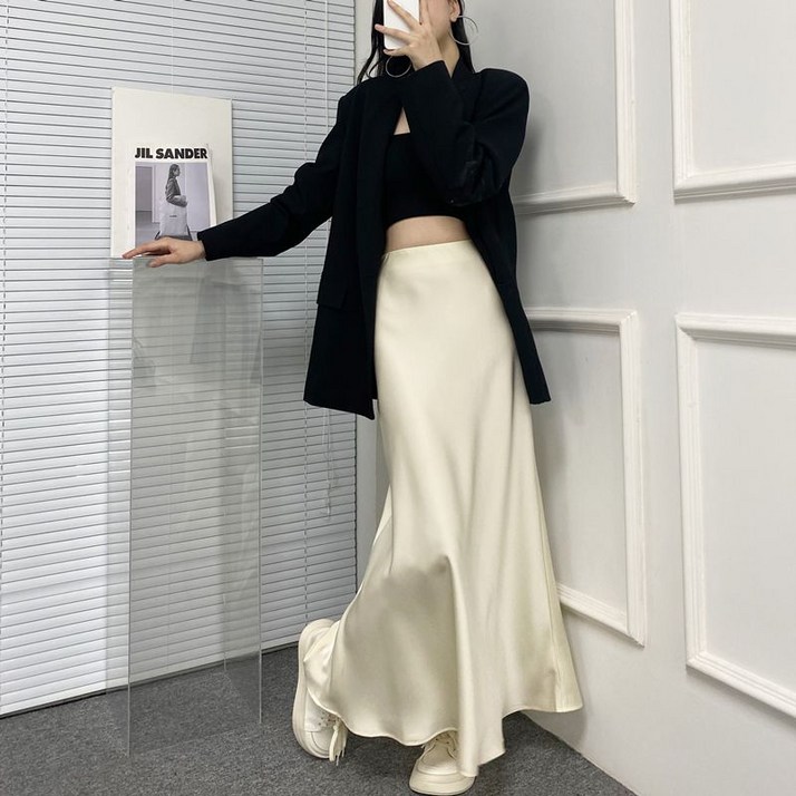 POMTOR 여자 여름 새틴 머메이드 스커트 롱스커트