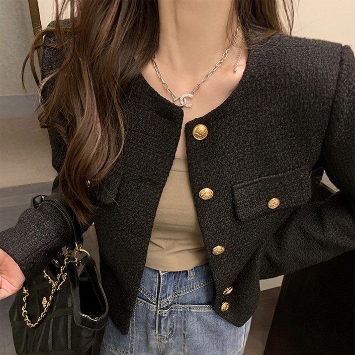 UPPERCUT 자체제작 여성 라운드넥 클래식 긴팔 트위드 자켓 빅사이즈