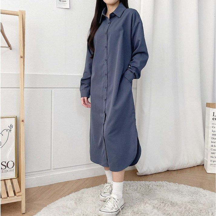 릴리제인 여성용 사이드 포켓 카라 셔츠 롱 원피스