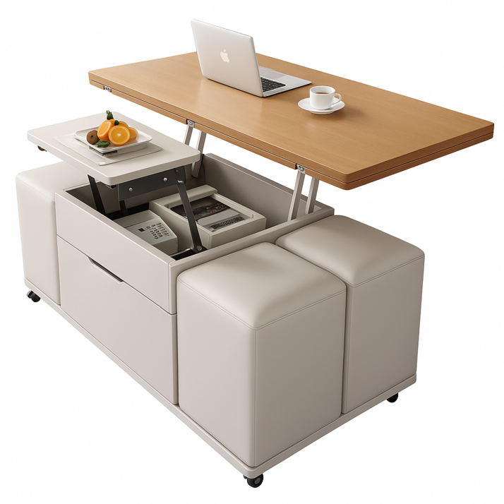 아르앤코 리프트 거실테이블 좌식 쇼파 높이조절 원목 테이블 높이조절식탁 모듈, 크림화이트