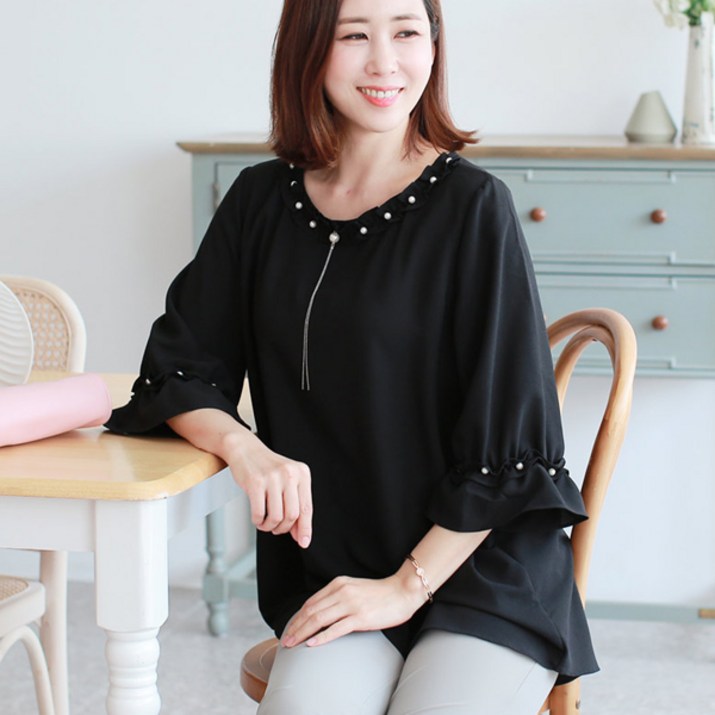 엄마옷 백합사 진주 프릴체인 블라우스[BL308] 50대 쉬폰 여성용 진주 마담 미시옷 빅사이즈 중년 럭셔리