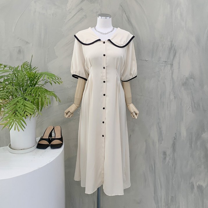 행복여 요플레 배색 띠 둥근 세라 카라 플레어 원피스