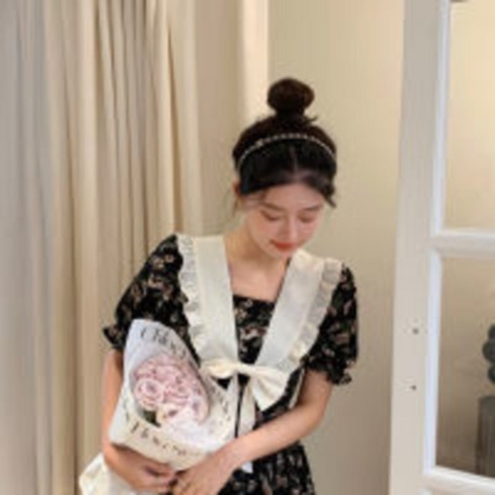 파리소녀 마린 칼라 블랙 플라워 원피스 changqun