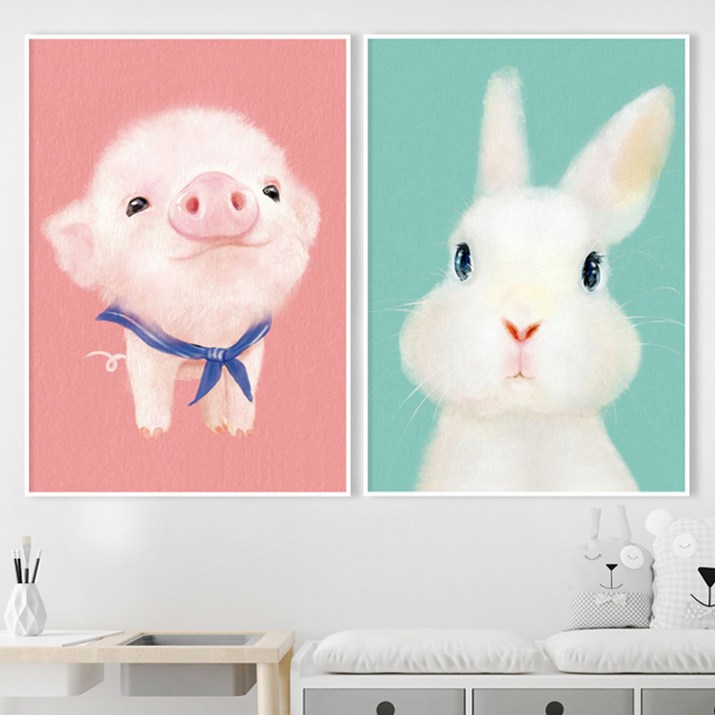 돼지 토끼 액자 펭귄 동물 그림 아이방 인테리어 액자 일러스트 캔버스 개업 집들이 선물, 유광골드