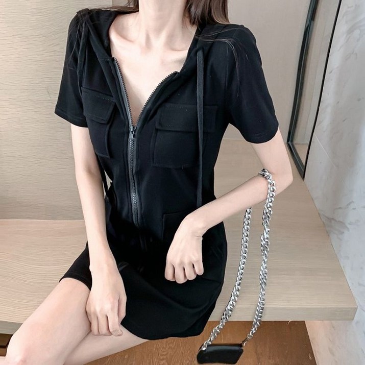 COSYEVNO 여름 여성 미니 원피스 반팔 후드 포켓 슬림핏