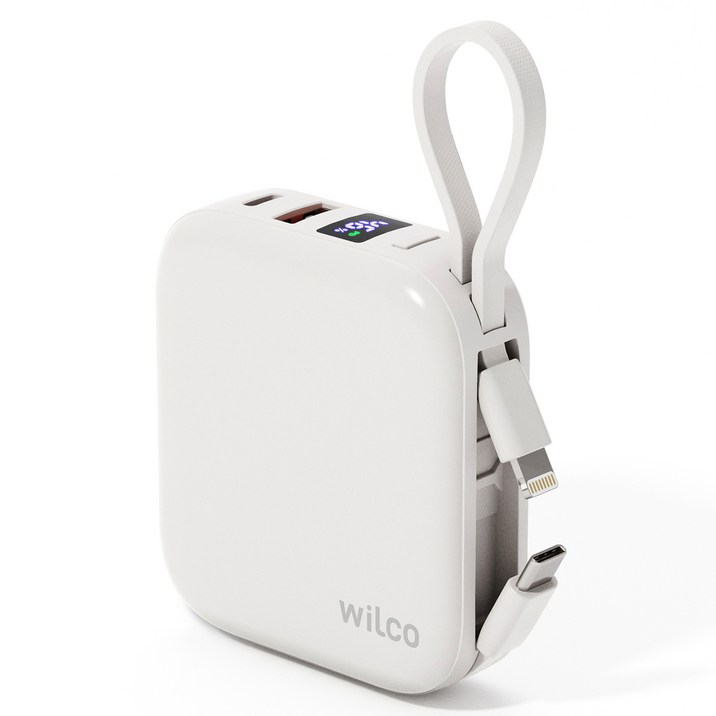 윌코 22.5W PD 초고속 충전 케이블 일체형 대용량 미니 보조배터리 10000mAh 멀티단자, 화이트, WC1CL