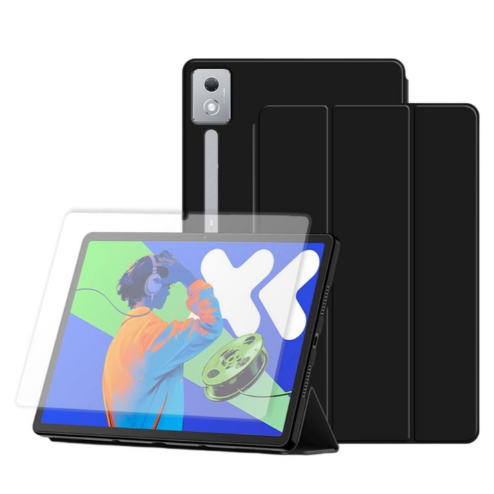 칸탐 패드 커버 케이스 + 강화유리 액정보호필름 세트, 블랙, 1세트