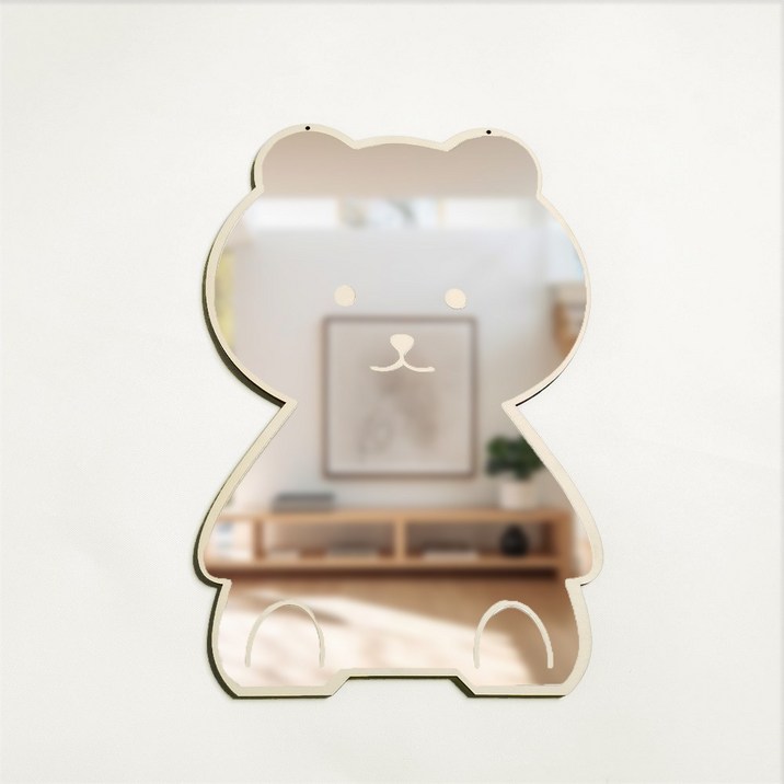 이지유 어린이 아크릴 안전 거울 무타공 부착식 아이방 벽거울 어린이날 선물, 우드형 웃는 곰 35X25