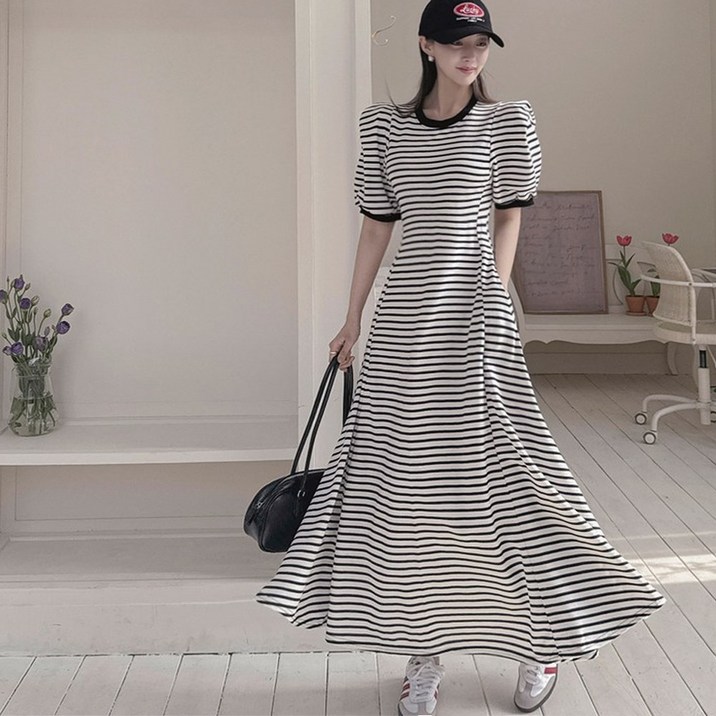 떳다그녀 브롱 핀턱 퍼프소매 꾸안꾸 포켓 데일리룩 단가라 스트라이프 무지 맥시 롱원피스