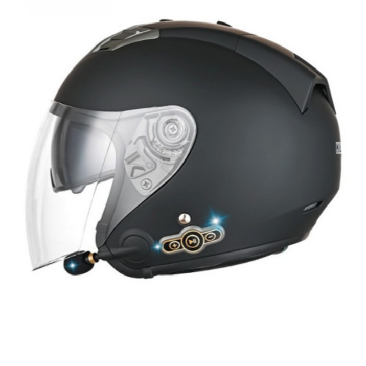오픈페이스 헬멧 반모 오토바이 바이크 하이바 클래식 스쿠터 시스템 블루투스 경량 여름, 매트 블랙듀얼 렌즈