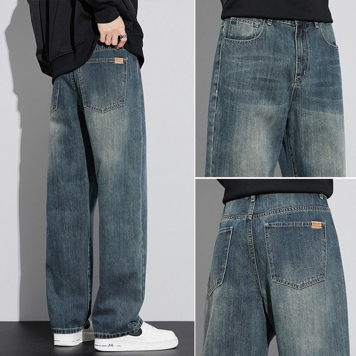 해피유통 빈티지 청바지 남자용 여름 얇은 일자 와이드 팬츠 LWJ
