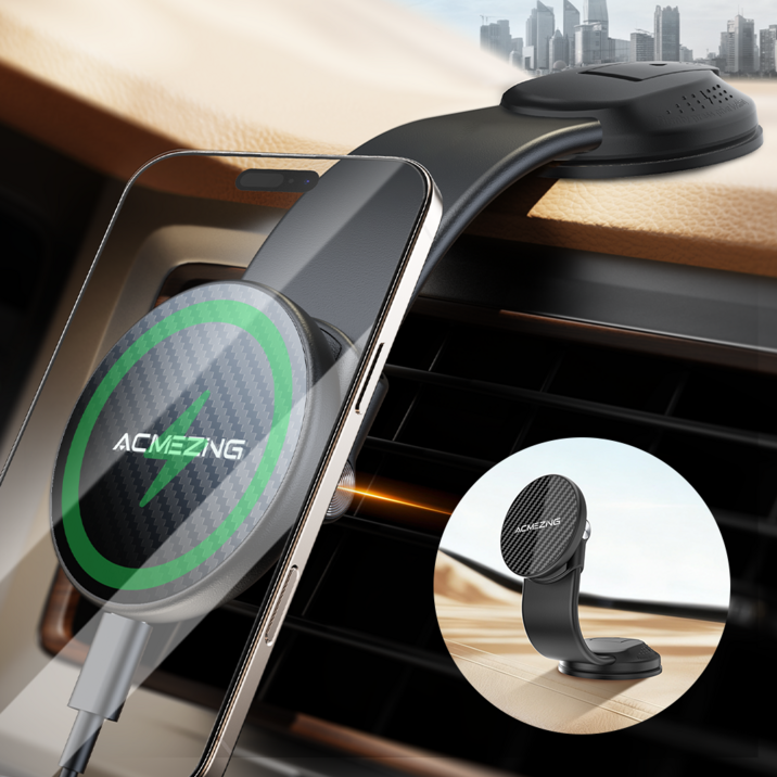 ACMEZING 맥세이프 무선충전 차량 휴대폰거치대 15W 고속충전 진공 흡착 초강력 자석 360도 회전 접이식 형상기억 합금 CZ22