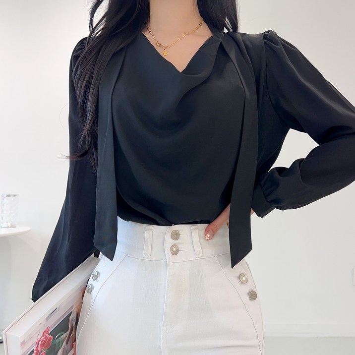 투디 드뮤어 드레이프 새틴 타이 블라우스, 3color