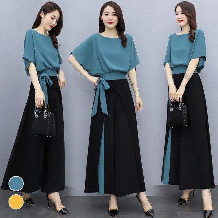 메이리앤 중년여성 여름 세미 정장 스트랩 반팔+와이드 팬츠 투피스 세트