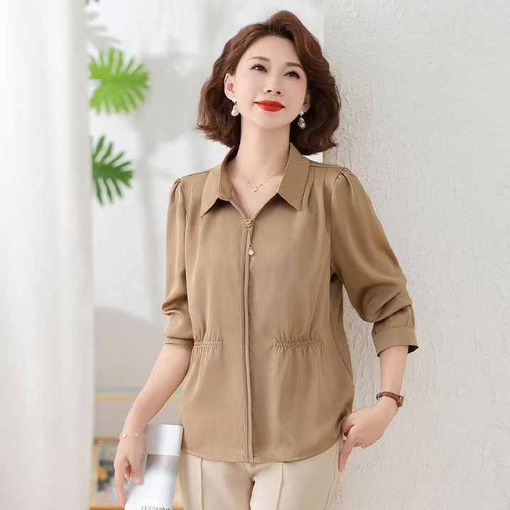 SELEAD 중년여성티셔츠 새틴 블라우스 여성봄셔츠 긴팔 광택 셔츠 40대여성티셔츠봄