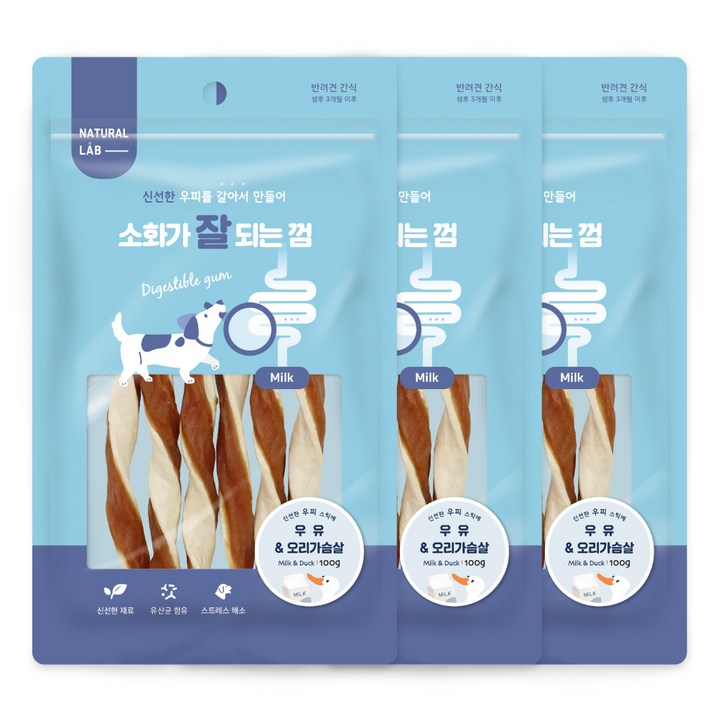 네츄럴랩 소화가 잘되는 껌 강아지 간식 100g, 3개, 우유  오리가슴살 혼합맛