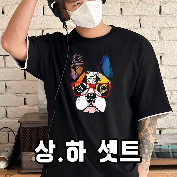 레이어드 무지개 불독 반팔티  반바지 상.하 셋트 빅사이즈 오버핏미라클