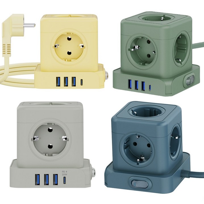 티메코 TMC10 SF코팅 큐브 디자인 5구 멀티탭 C타입 USB 20W 고속충전 1.8M 전선형, 1개, 그린, 1.8m