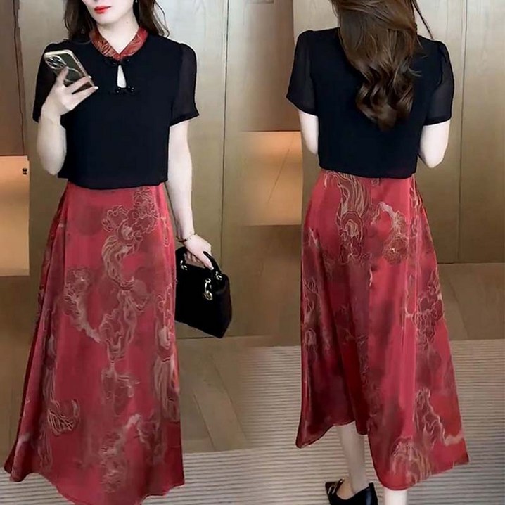 AOKADA 여성 차이나넥 여름 하객 오피스룩 반팔 빈지티 원피스