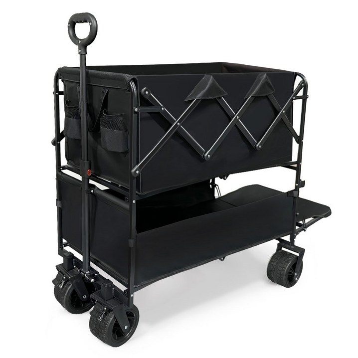 홍시로직 대용량 2층형 캠핑웨건 손수레 캠핑카트, 1개, 블랙 탱크 휠 이중 푸시카트
