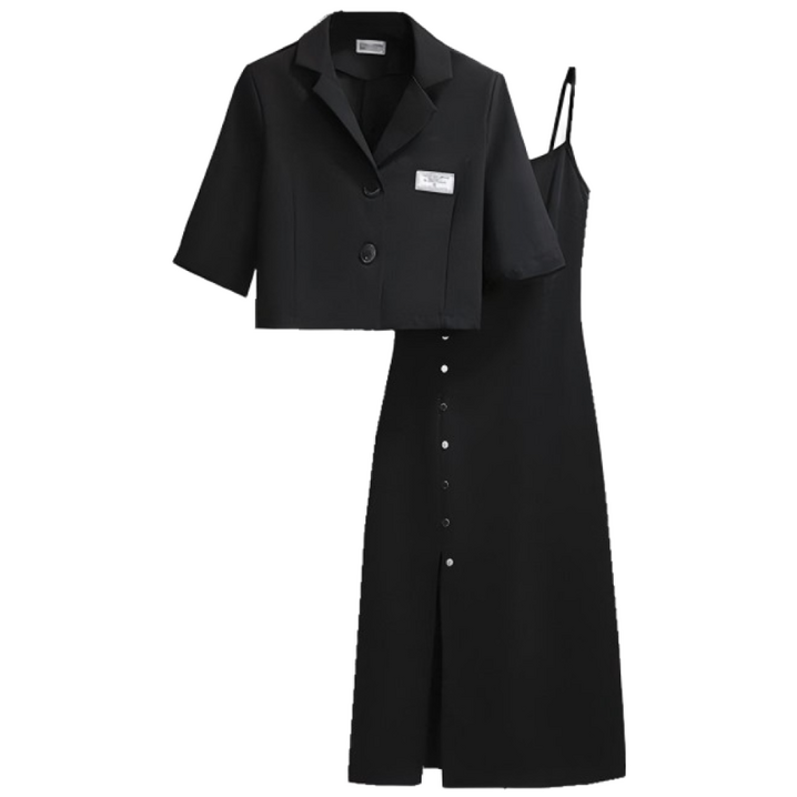 여성 반팔 정장 자켓 끈 나시 투피스 세트 캐주얼 하객 원피스 치마 슬림핏 디자인 세련된 룩