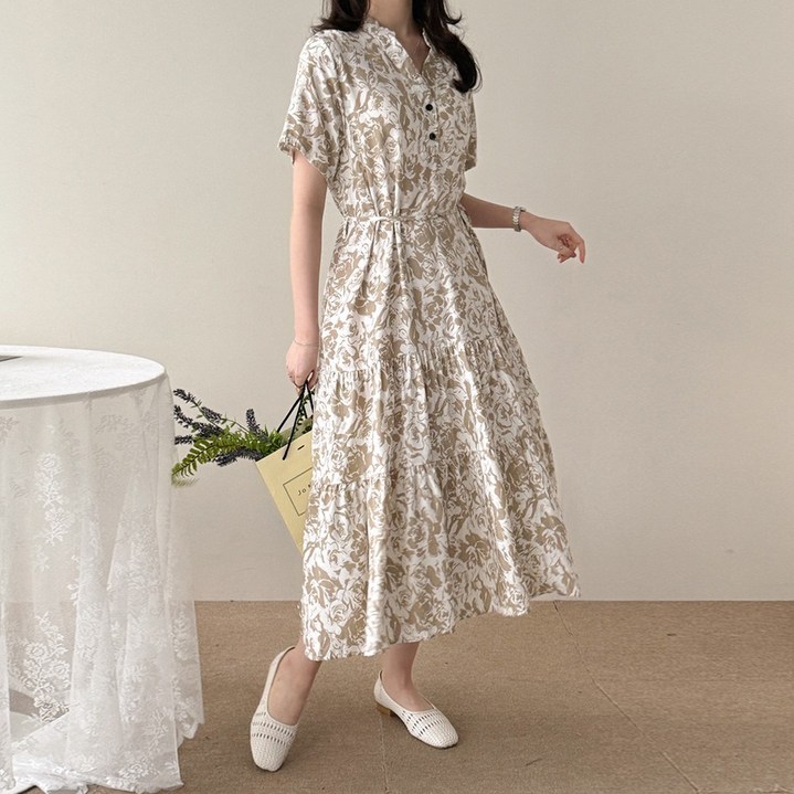 데일리앤 시그널 반팔 민소매 2type 여름 차이나카라 플라워 헨리넥 스트링 허리끈 투웨이 캉캉 롱 바캉스룩 원피스