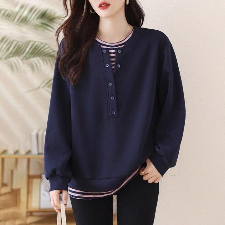 PEROLA 150kg까지 여성 빅사이즈 맨투맨 봄 가을 겨울 숏 라운드 긴팔 스트라이프 디자인 루즈핏 캐주얼 상의