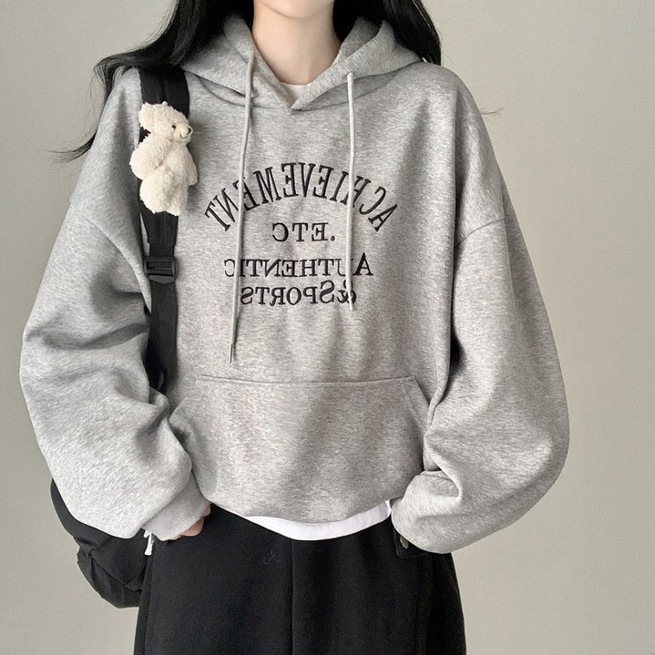 자스민벨 망고 아방 꾸안꾸 자수 레터링 코튼 오버핏 긴팔 후드티 남녀공용 빅사이즈 데일리템