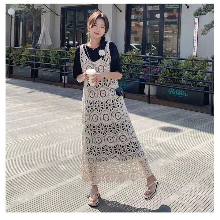 haitua여성 라운드넥 민소매 나시 원피스 봄 여름 레이어드 니트 롱 원피스