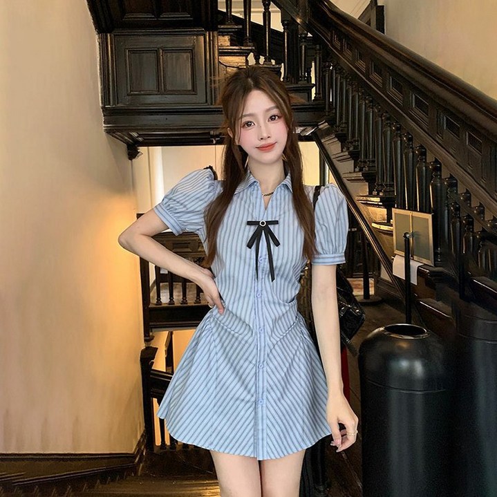 AOKADA 여성 플레어 셔츠 미니 원피스 스트라이프 리본