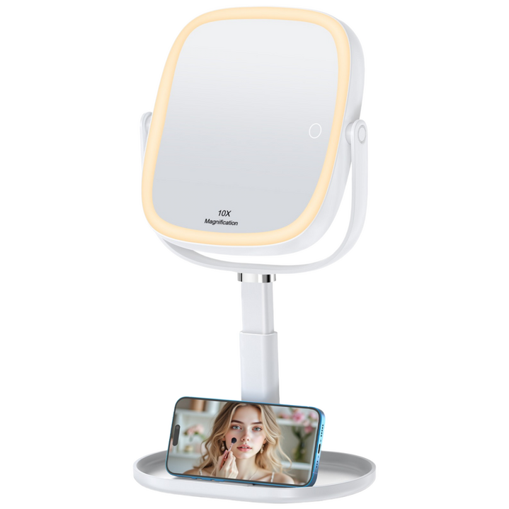LED 조명 탁상 화장거울 360도회전 1배/10배 확대 3000mAh, 화이트